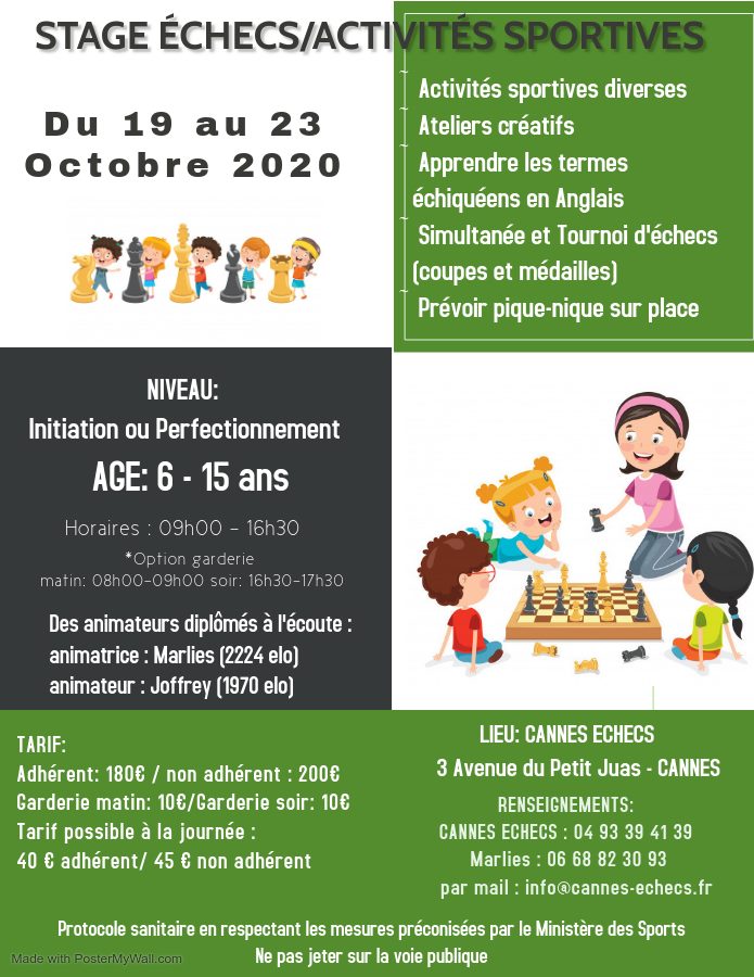 STAGE ENFANTS ECHECS/ACTIVITES SPORTIVES - 19 AU 23 OCTOBRE