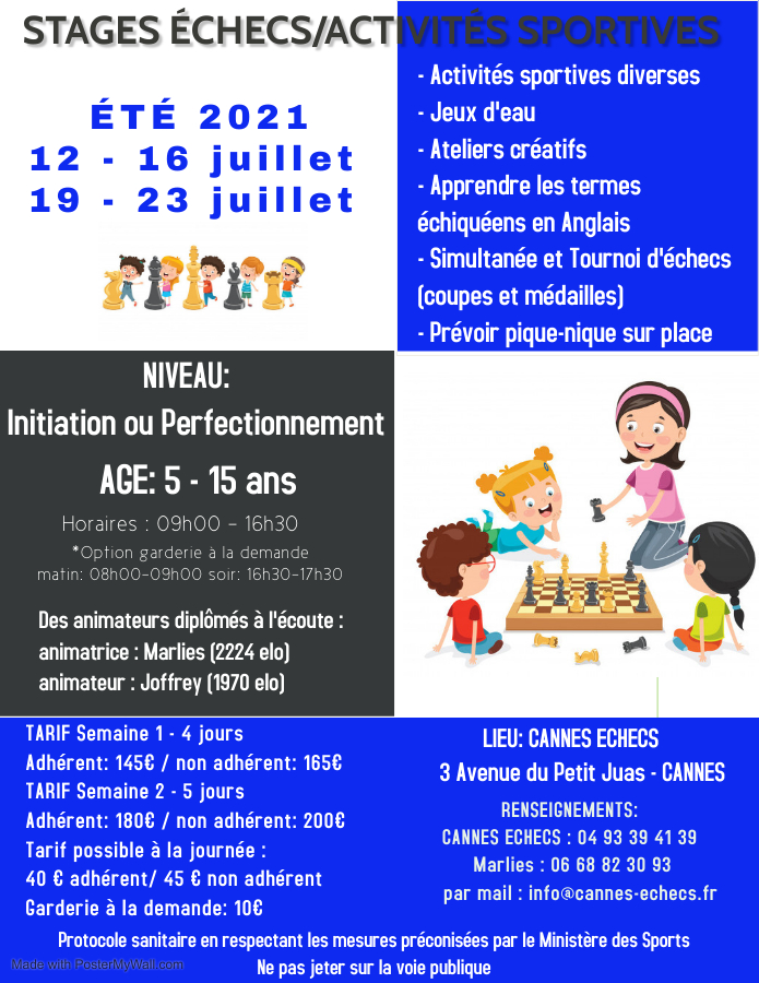 STAGE D'ETE ENFANTS ECHECS/ACTIVITES SPORTIVES - 12 au 16 et 19 au 23 juillet