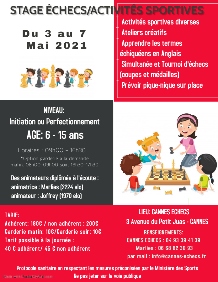 STAGE ENFANTS ECHECS/ACTIVITES SPORTIVES - 3 AU 7 MAI