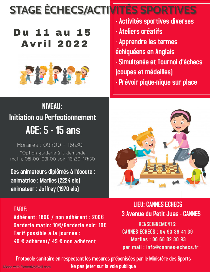 STAGE ENFANTS ECHECS/ACTIVITES SPORTIVES - 11 AU 15 AVRIL