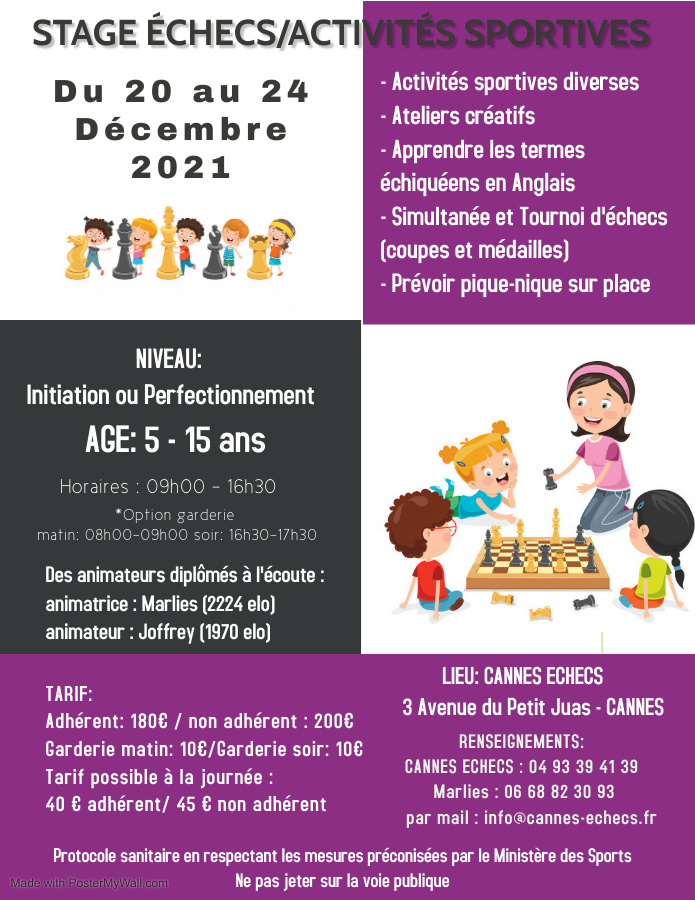 STAGE ENFANTS ECHECS/ACTIVITES SPORTIVES DE NOEL - 20 AU 24 DECEMBRE